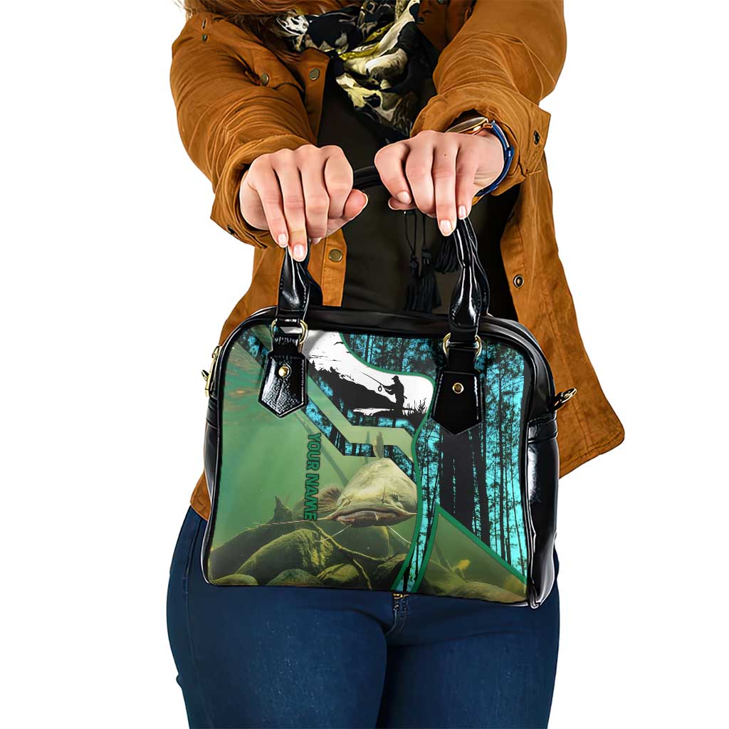 Flathead Catfish Custom Name Shoulder Handbag Forest Silhouette and Green Blue Love Fishing Design - Wonder Print Shop