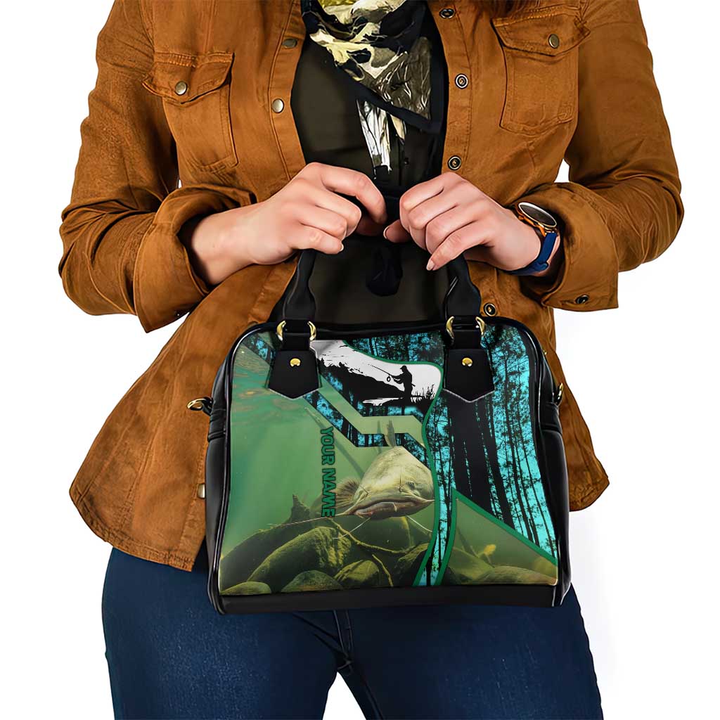 Flathead Catfish Custom Name Shoulder Handbag Forest Silhouette and Green Blue Love Fishing Design - Wonder Print Shop
