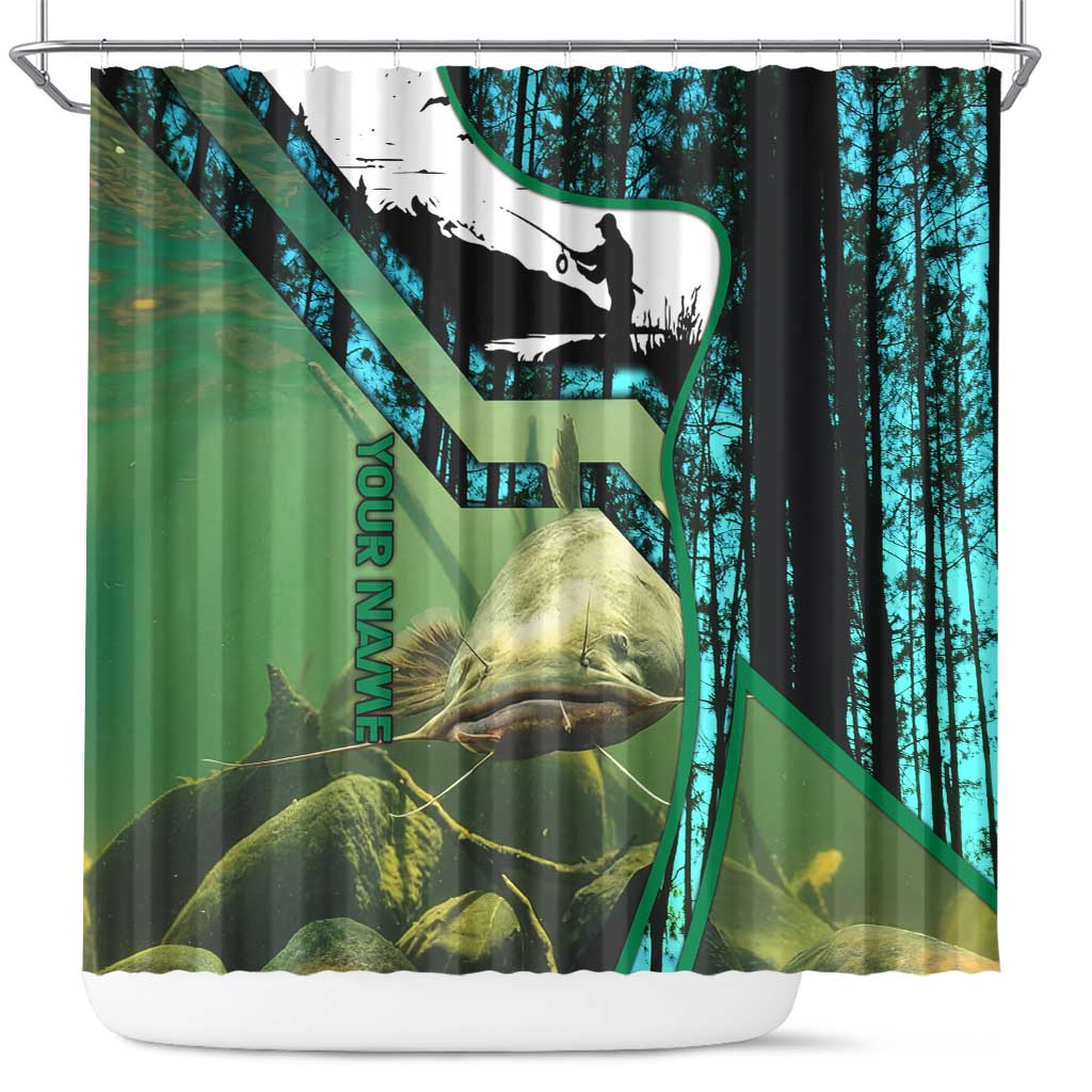 Flathead Catfish Custom Name Shower Curtain Forest Silhouette and Green Blue Love Fishing Design - Wonder Print Shop