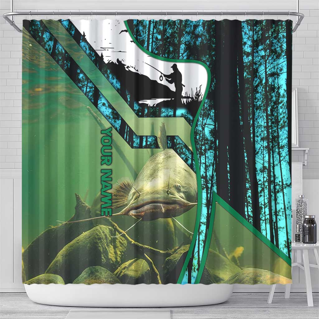 Flathead Catfish Custom Name Shower Curtain Forest Silhouette and Green Blue Love Fishing Design - Wonder Print Shop
