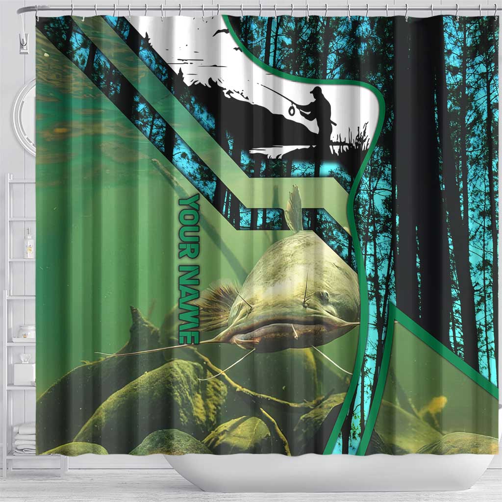 Flathead Catfish Custom Name Shower Curtain Forest Silhouette and Green Blue Love Fishing Design - Wonder Print Shop