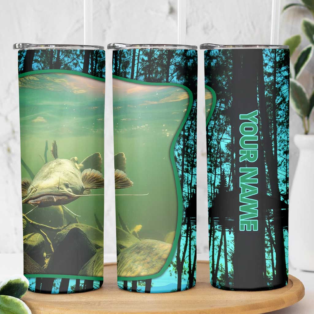 Flathead Catfish Custom Name Skinny Tumbler Forest Silhouette and Green Blue Love Fishing Design - Wonder Print Shop