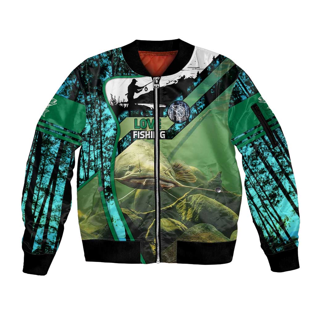Flathead Catfish Custom Name Sleeve Zip Bomber Jacket Forest Silhouette and Green Blue Love Fishing Design - Wonder Print Shop