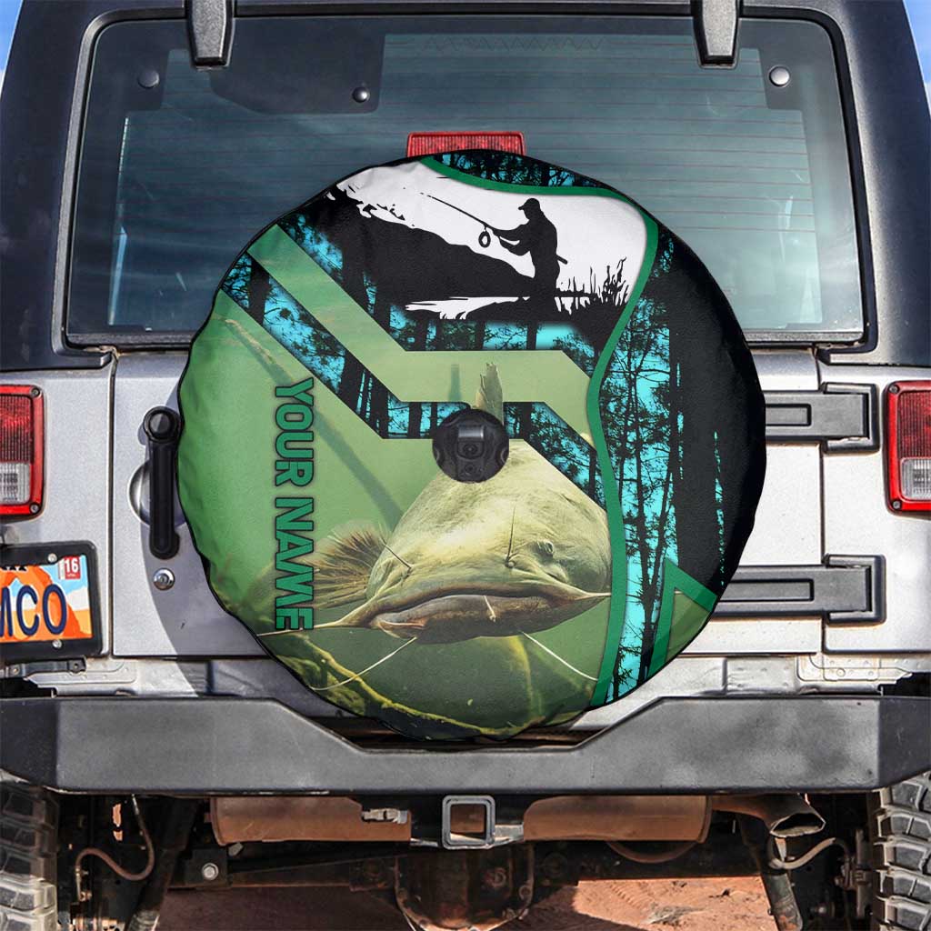 Flathead Catfish Custom Name Spare Tire Cover Forest Silhouette and Green Blue Love Fishing Design - Wonder Print Shop