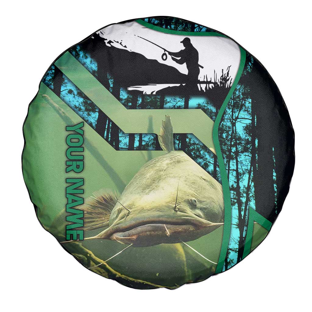 Flathead Catfish Custom Name Spare Tire Cover Forest Silhouette and Green Blue Love Fishing Design - Wonder Print Shop