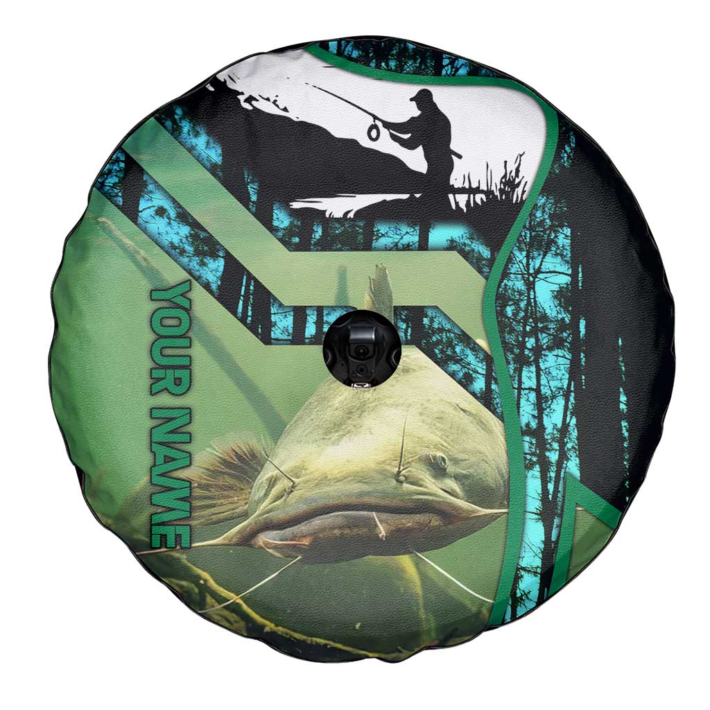 Flathead Catfish Custom Name Spare Tire Cover Forest Silhouette and Green Blue Love Fishing Design - Wonder Print Shop