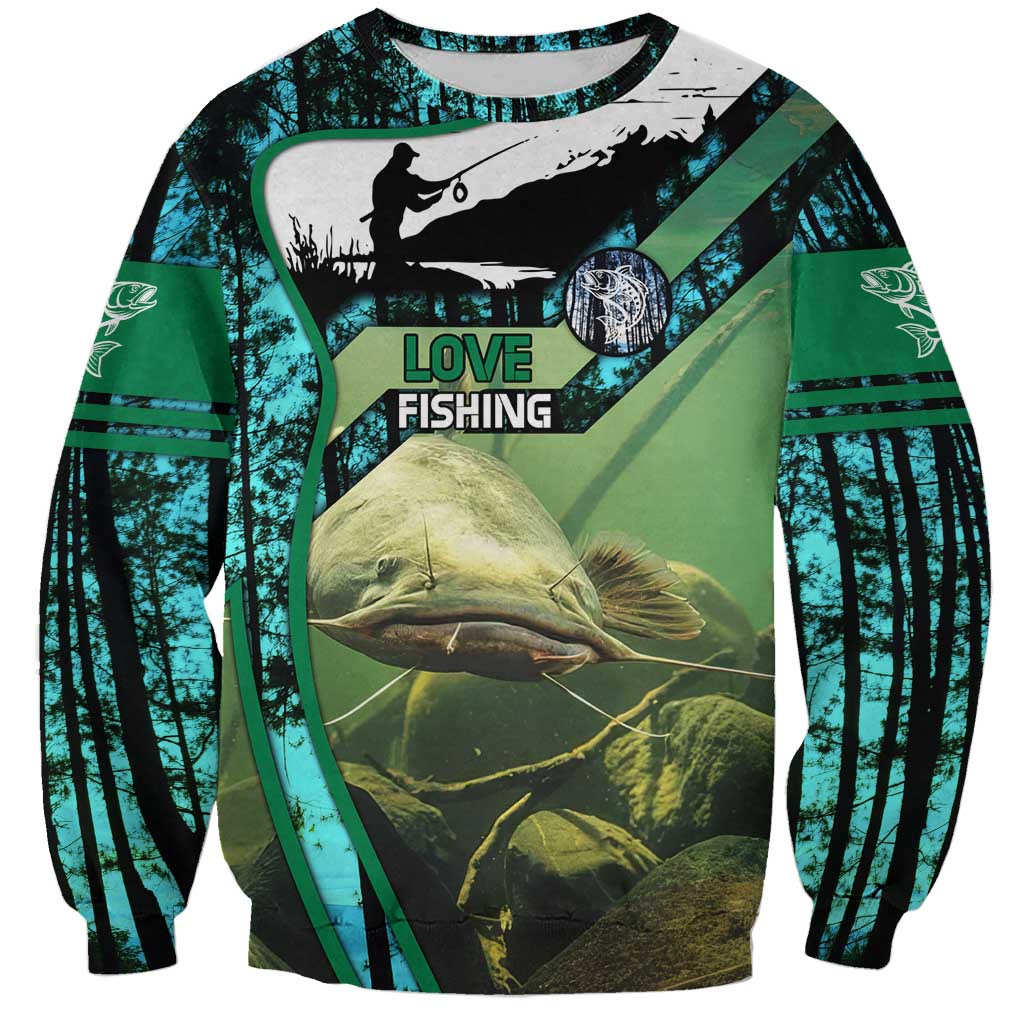Flathead Catfish Custom Name Sweatshirt Forest Silhouette and Green Blue Love Fishing Design - Wonder Print Shop