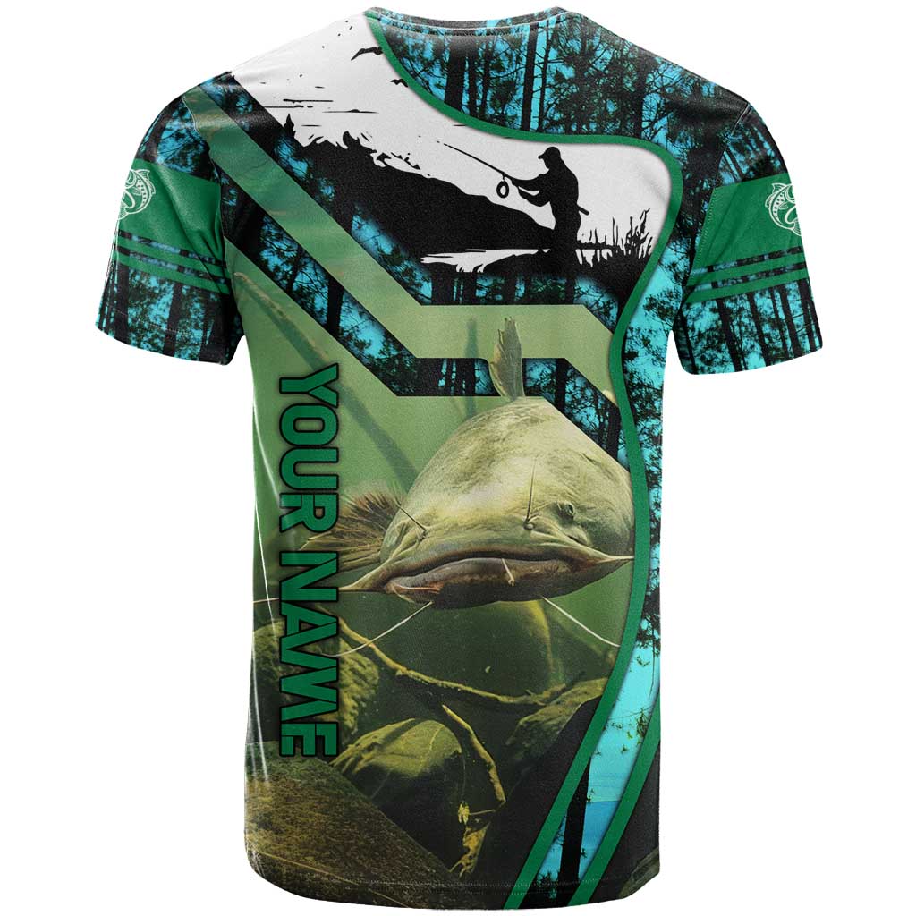 Flathead Catfish Custom Name T Shirt Forest Silhouette and Green Blue Love Fishing Design - Wonder Print Shop