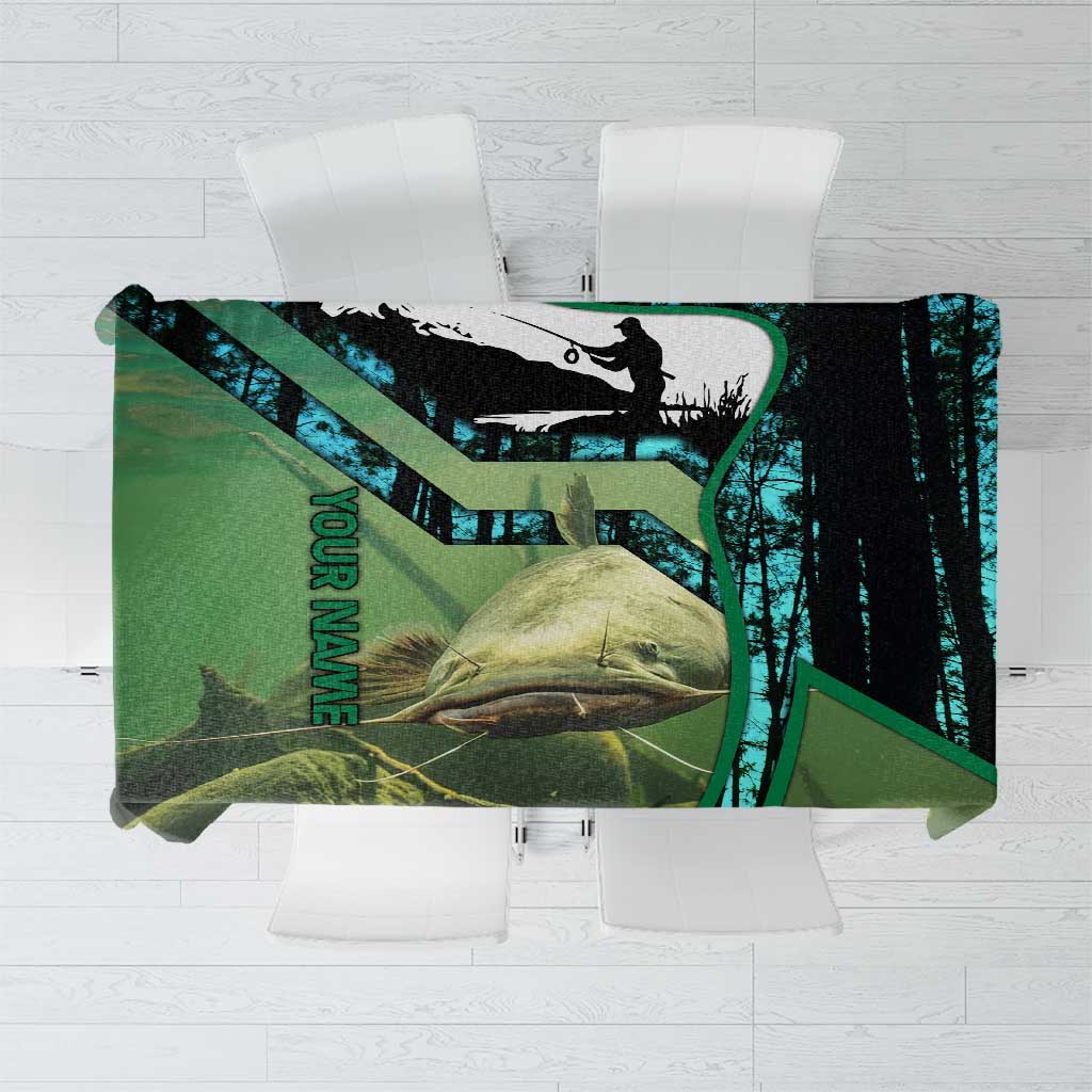 Flathead Catfish Custom Name Tablecloth Forest Silhouette and Green Blue Love Fishing Design - Wonder Print Shop