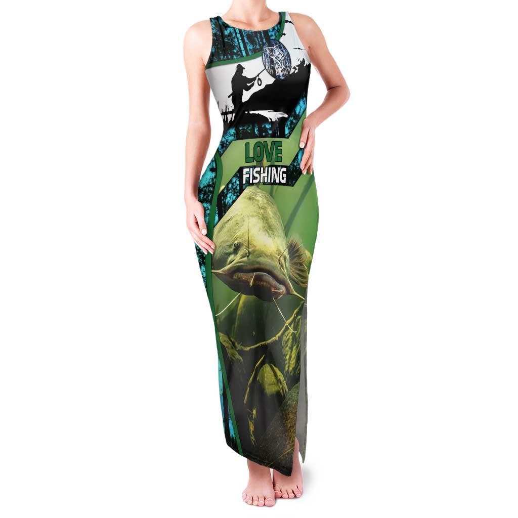 Flathead Catfish Custom Name Tank Maxi Dress Forest Silhouette and Green Blue Love Fishing Design - Wonder Print Shop