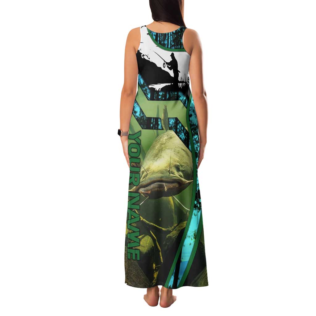 Flathead Catfish Custom Name Tank Maxi Dress Forest Silhouette and Green Blue Love Fishing Design - Wonder Print Shop