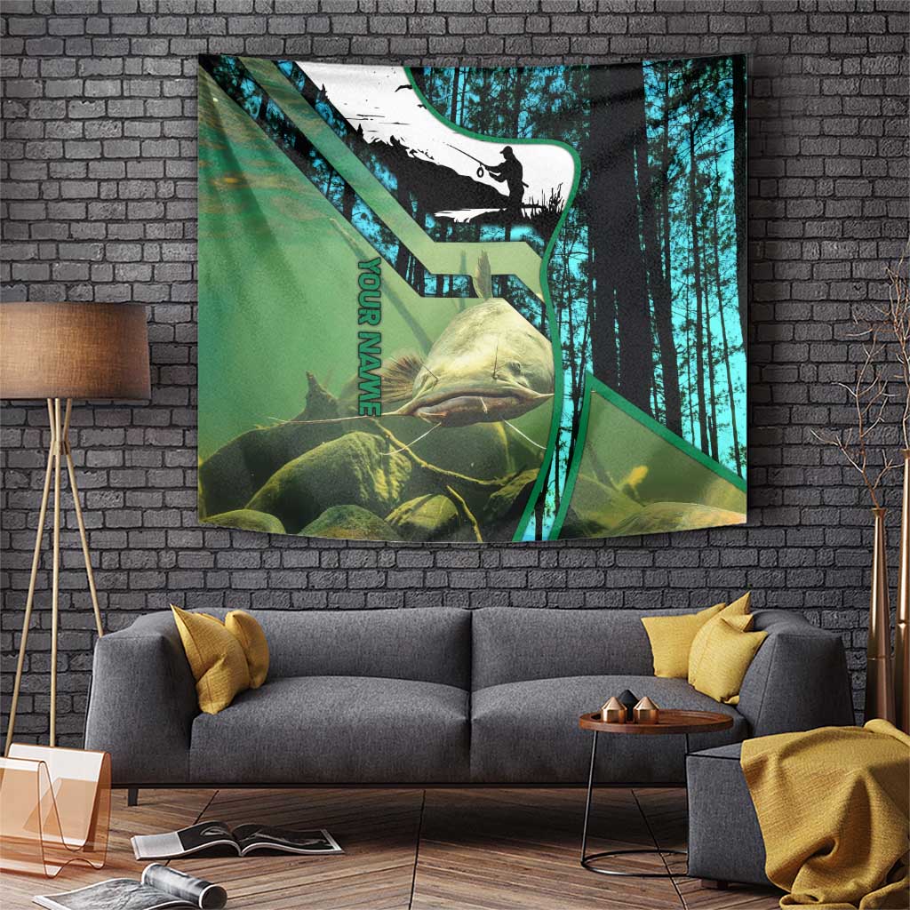 Flathead Catfish Custom Name Tapestry Forest Silhouette and Green Blue Love Fishing Design - Wonder Print Shop