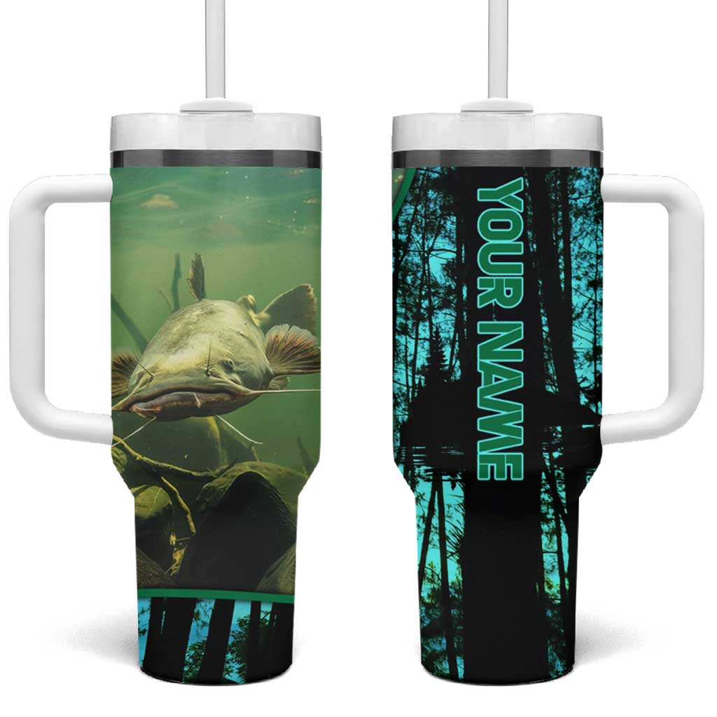 Flathead Catfish Custom Name Tumbler With Handle Forest Silhouette and Green Blue Love Fishing Design - Wonder Print Shop