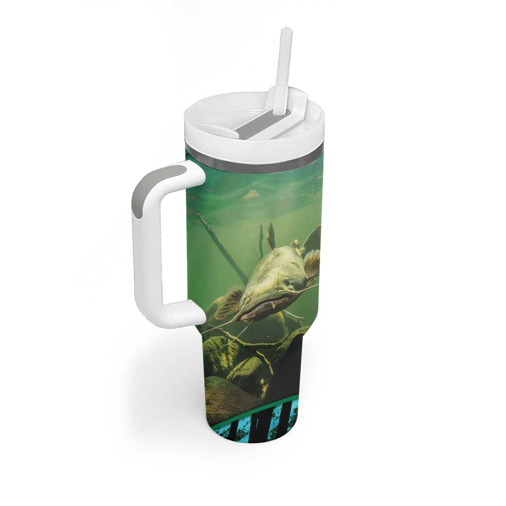 Flathead Catfish Custom Name Tumbler With Handle Forest Silhouette and Green Blue Love Fishing Design - Wonder Print Shop