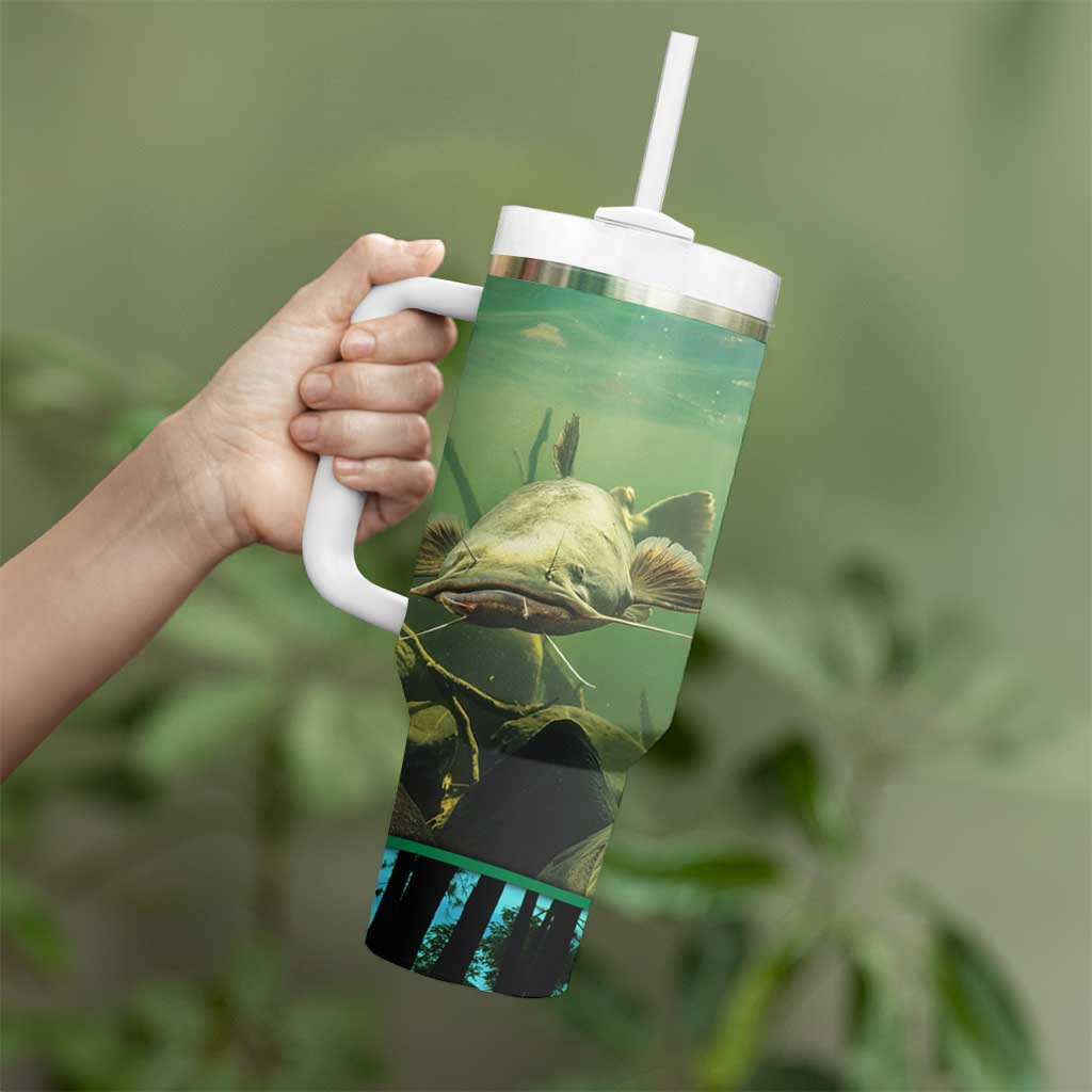 Flathead Catfish Custom Name Tumbler With Handle Forest Silhouette and Green Blue Love Fishing Design - Wonder Print Shop