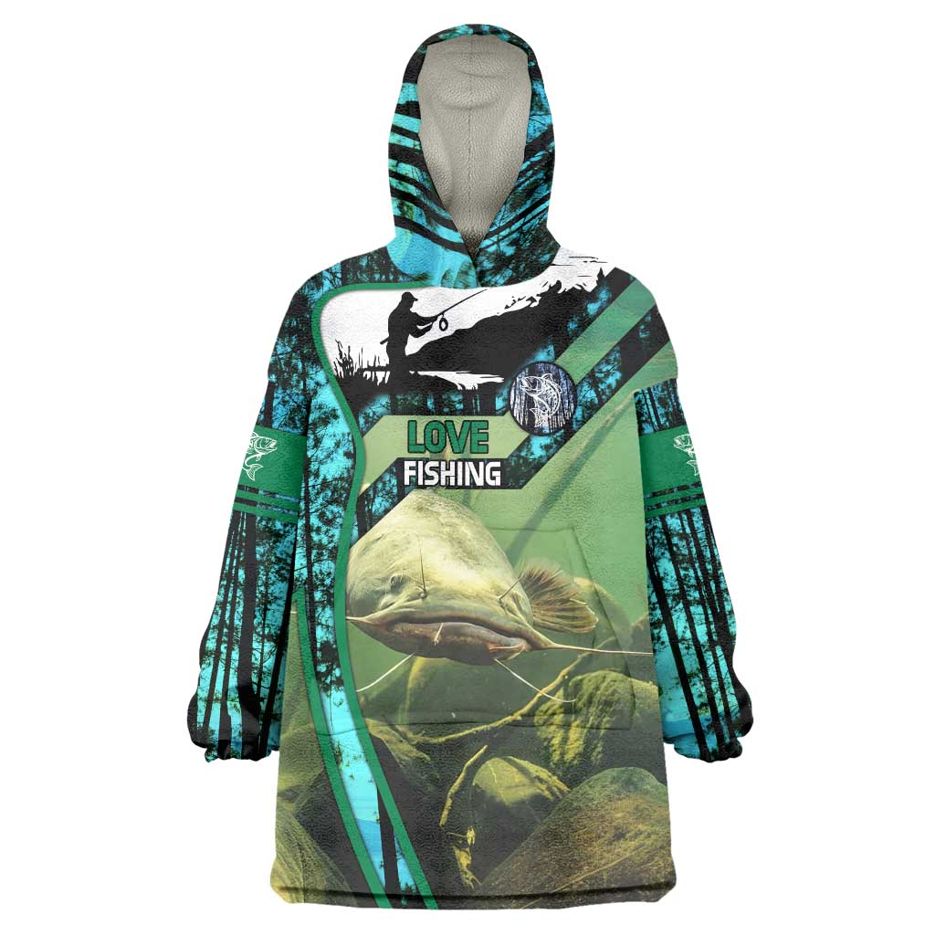 Flathead Catfish Custom Name Wearable Blanket Hoodie Forest Silhouette and Green Blue Love Fishing Design - Wonder Print Shop