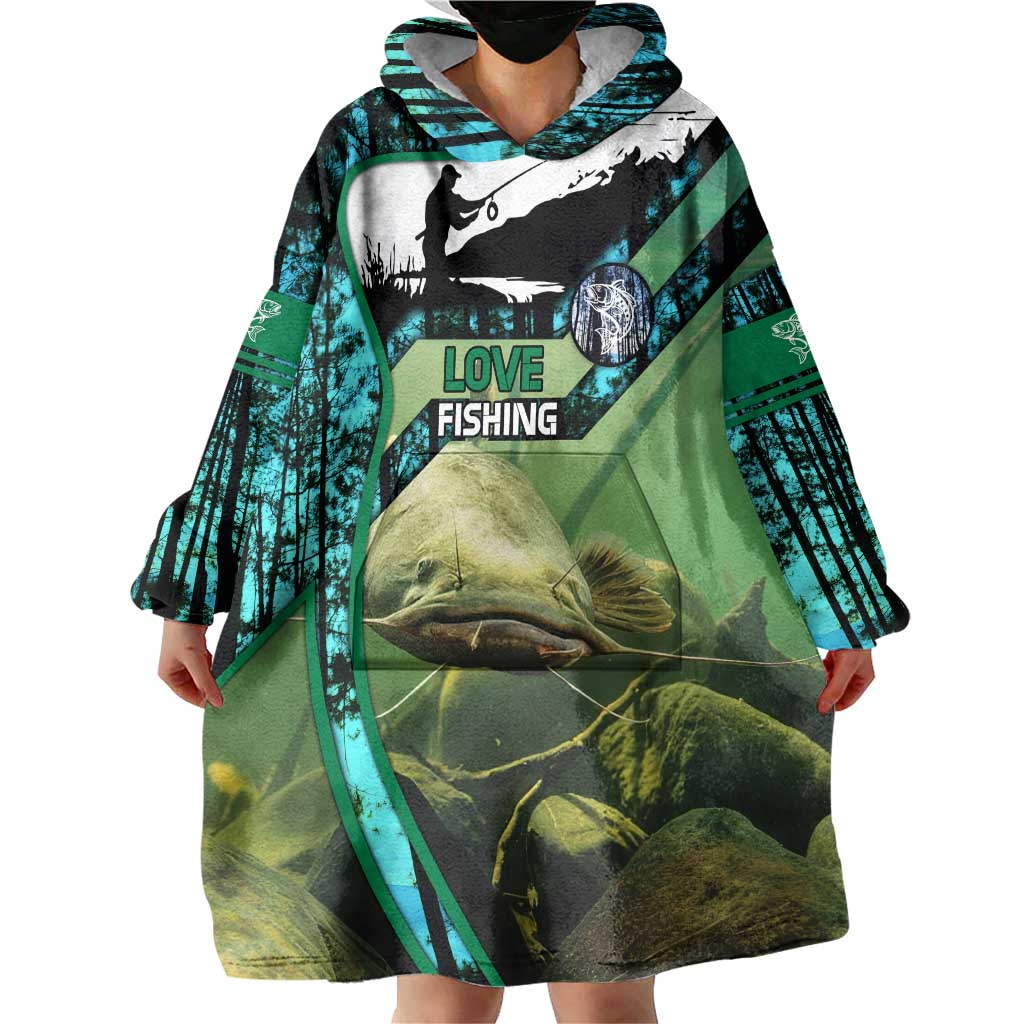 Flathead Catfish Custom Name Wearable Blanket Hoodie Forest Silhouette and Green Blue Love Fishing Design - Wonder Print Shop
