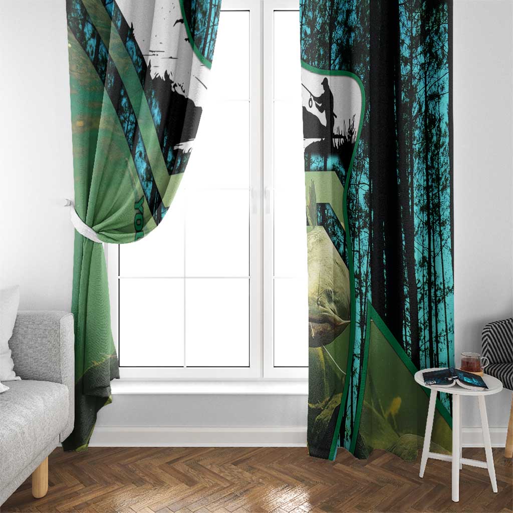 Flathead Catfish Custom Name Window Curtain Forest Silhouette and Green Blue Love Fishing Design - Wonder Print Shop