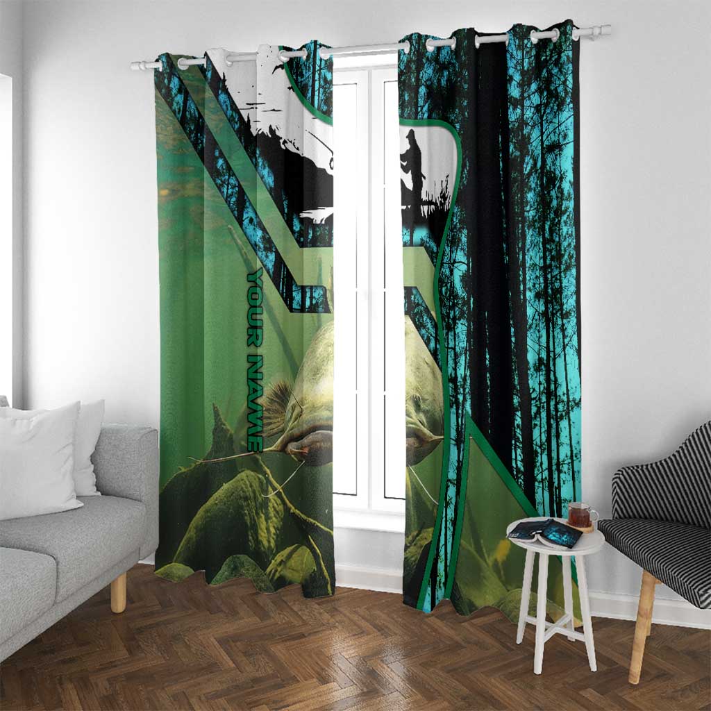 Flathead Catfish Custom Name Window Curtain Forest Silhouette and Green Blue Love Fishing Design - Wonder Print Shop