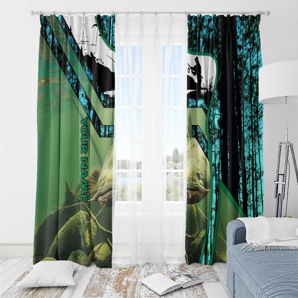 Flathead Catfish Custom Name Window Curtain Forest Silhouette and Green Blue Love Fishing Design - Wonder Print Shop