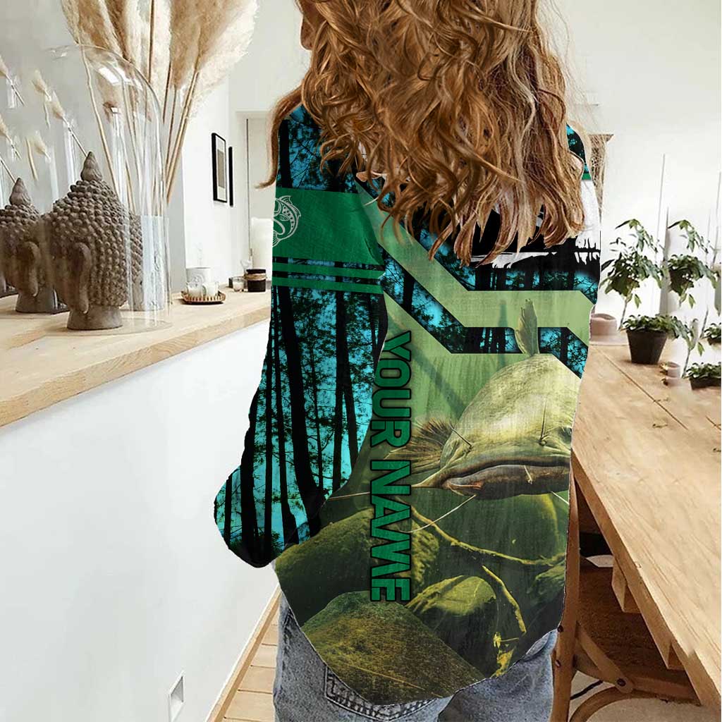 Flathead Catfish Custom Name Women Casual Shirt Forest Silhouette and Green Blue Love Fishing Design - Wonder Print Shop