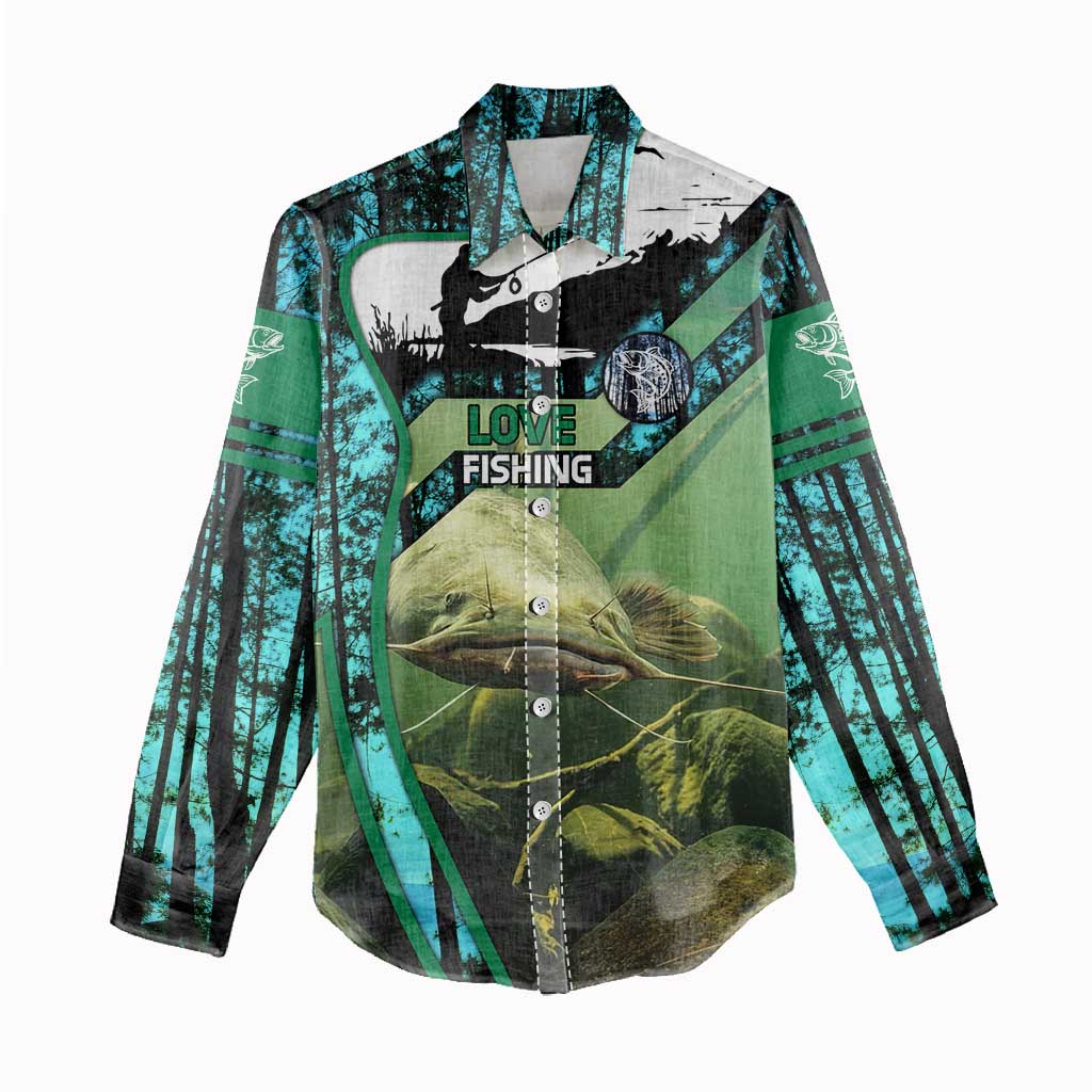 Flathead Catfish Custom Name Women Casual Shirt Forest Silhouette and Green Blue Love Fishing Design - Wonder Print Shop