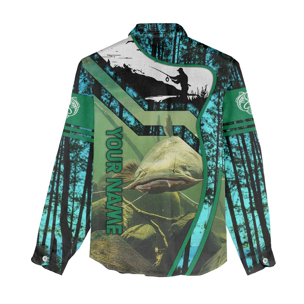 Flathead Catfish Custom Name Women Casual Shirt Forest Silhouette and Green Blue Love Fishing Design - Wonder Print Shop