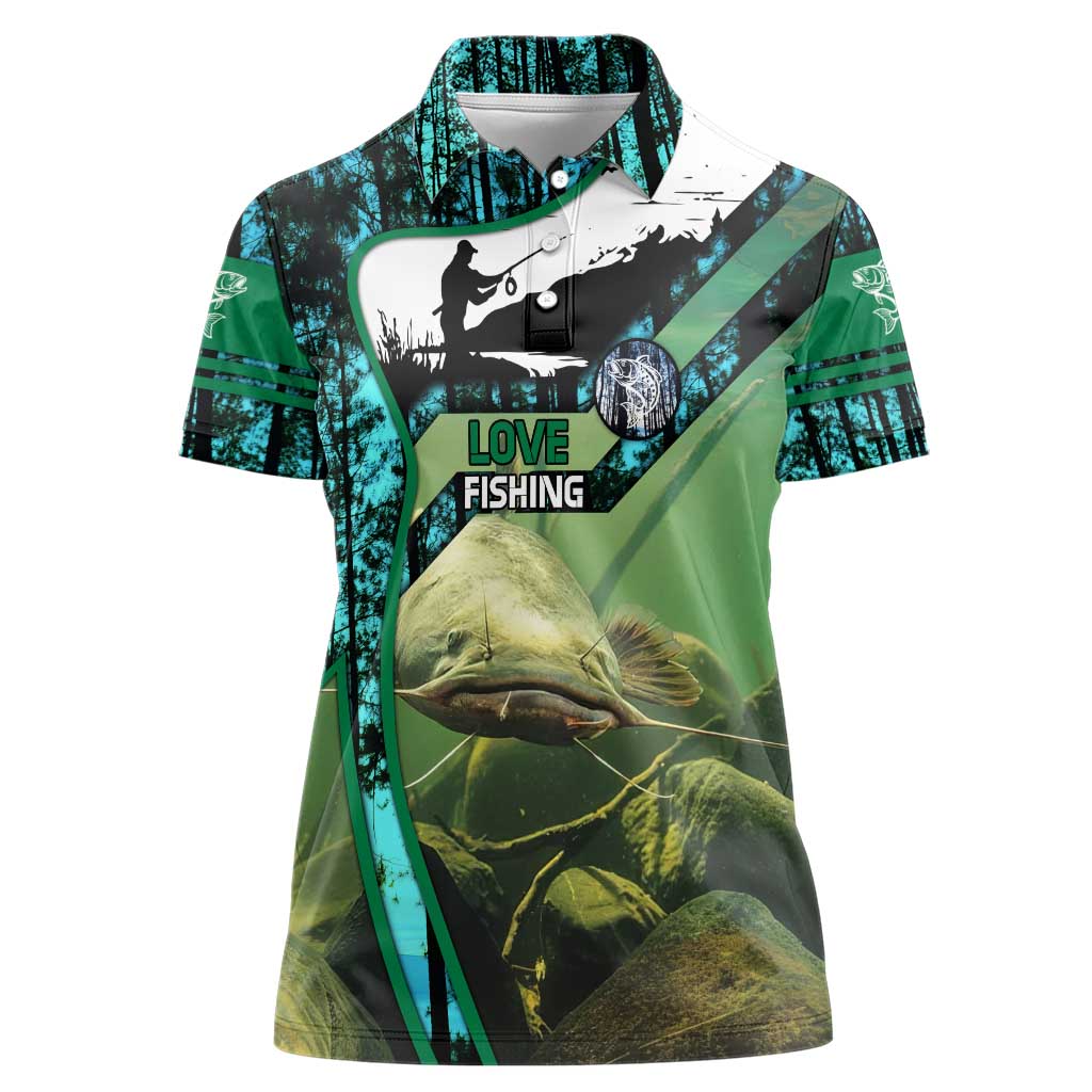 Flathead Catfish Custom Name Women Polo Shirt Forest Silhouette and Green Blue Love Fishing Design - Wonder Print Shop