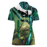 Flathead Catfish Custom Name Women Polo Shirt Forest Silhouette and Green Blue Love Fishing Design - Wonder Print Shop