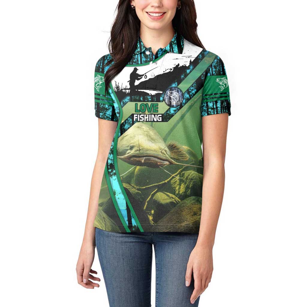 Flathead Catfish Custom Name Women Polo Shirt Forest Silhouette and Green Blue Love Fishing Design - Wonder Print Shop