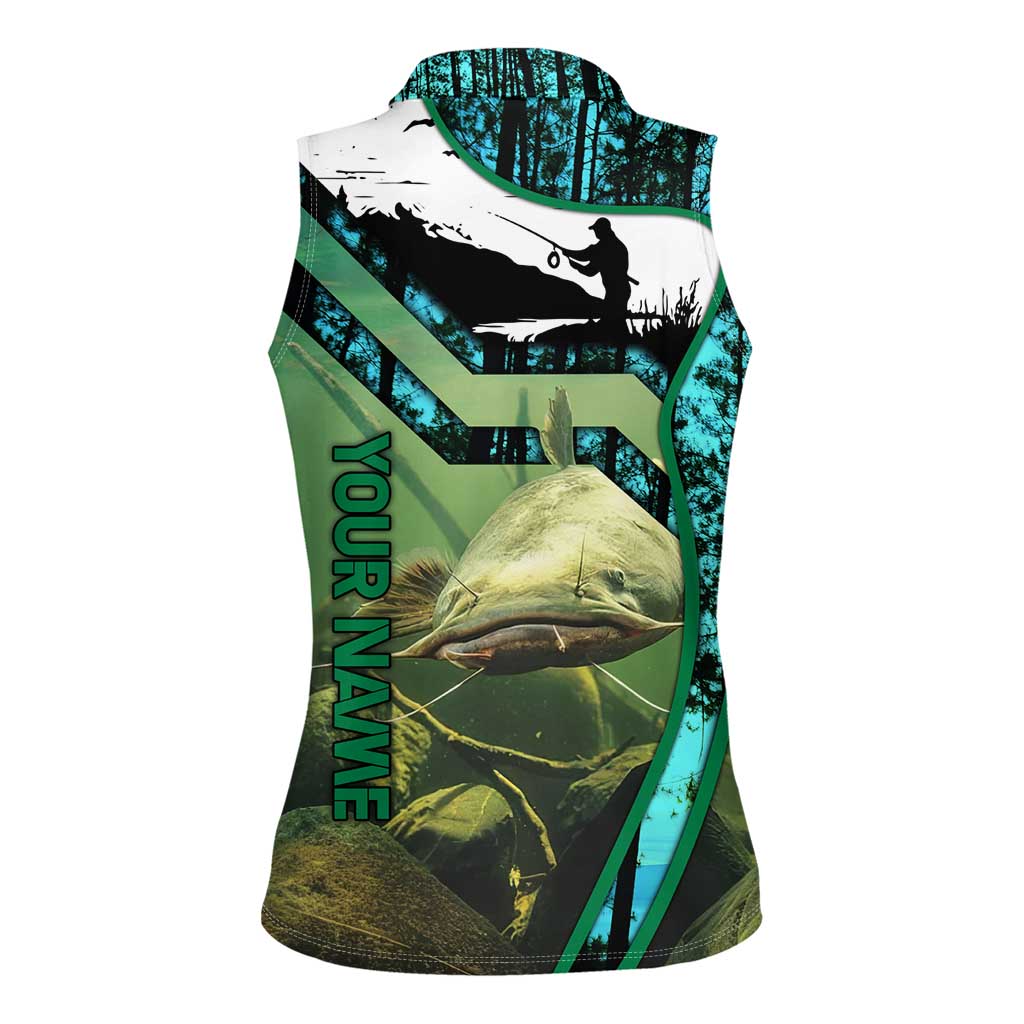Flathead Catfish Custom Name Women Sleeveless Polo Shirt Forest Silhouette and Green Blue Love Fishing Design - Wonder Print Shop
