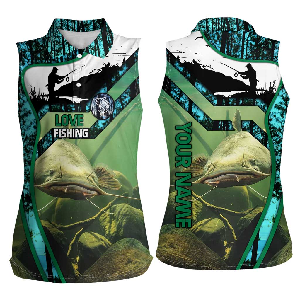 Flathead Catfish Custom Name Women Sleeveless Polo Shirt Forest Silhouette and Green Blue Love Fishing Design - Wonder Print Shop