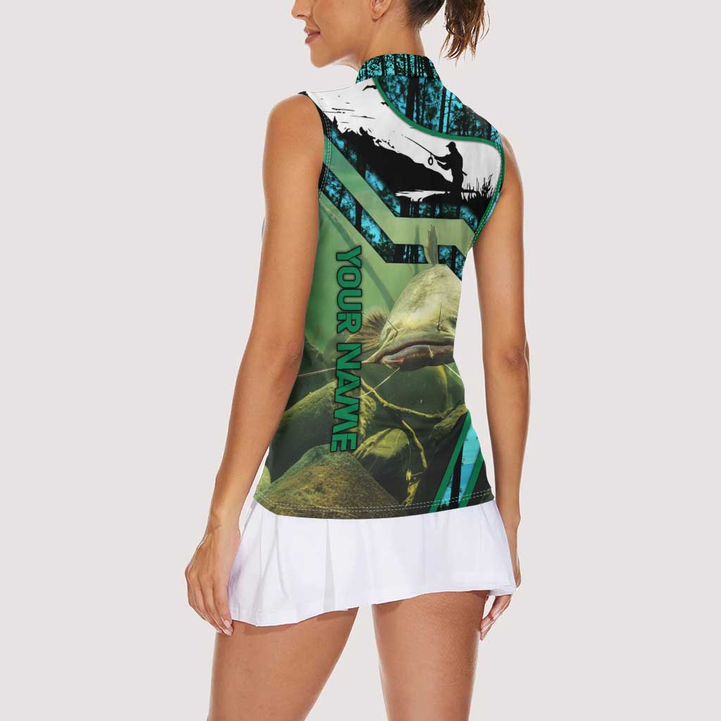 Flathead Catfish Custom Name Women Sleeveless Polo Shirt Forest Silhouette and Green Blue Love Fishing Design - Wonder Print Shop