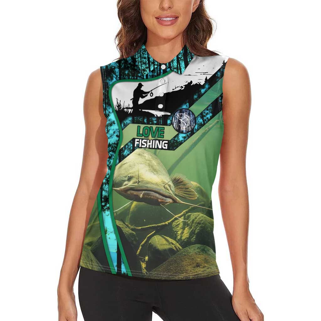 Flathead Catfish Custom Name Women Sleeveless Polo Shirt Forest Silhouette and Green Blue Love Fishing Design - Wonder Print Shop