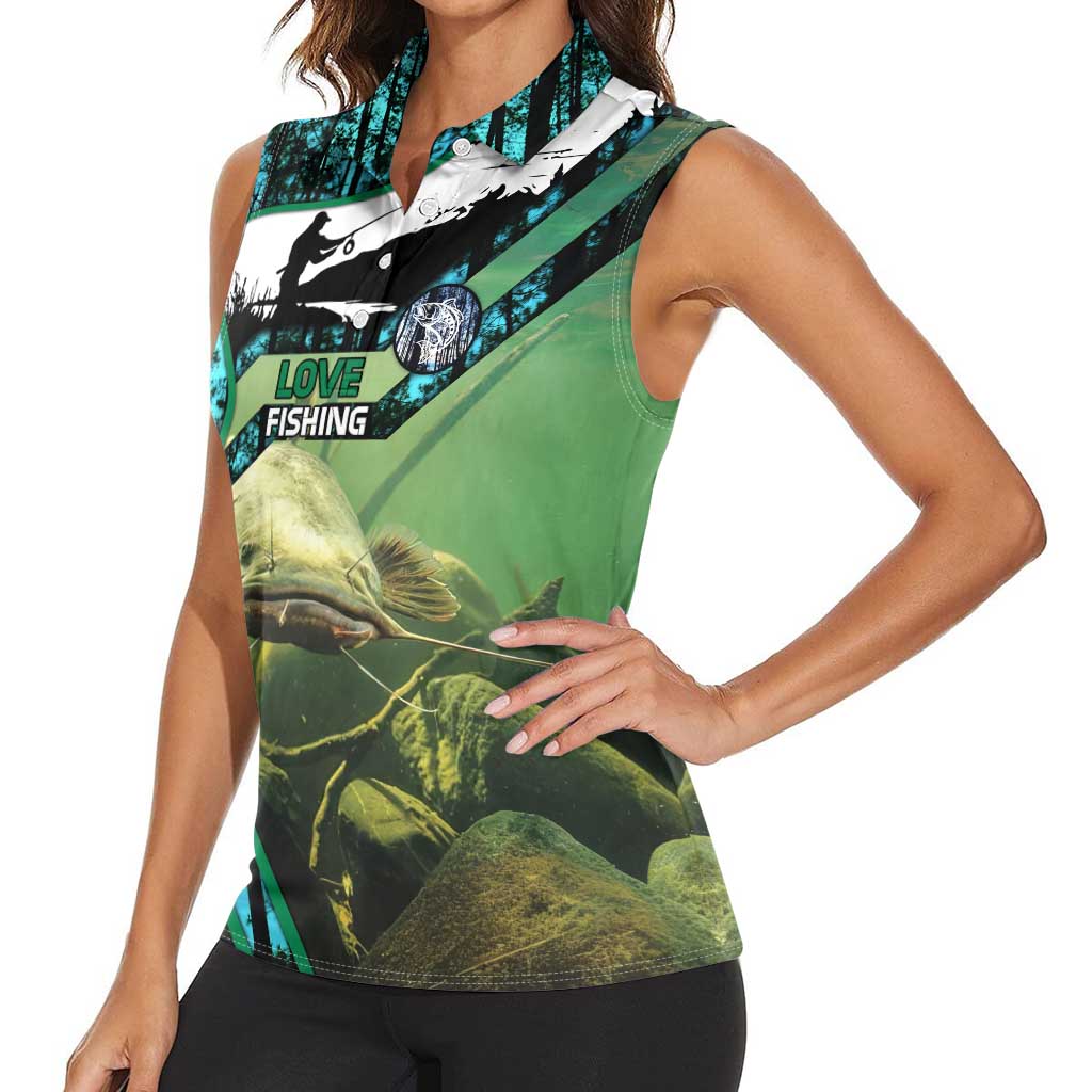 Flathead Catfish Custom Name Women Sleeveless Polo Shirt Forest Silhouette and Green Blue Love Fishing Design - Wonder Print Shop