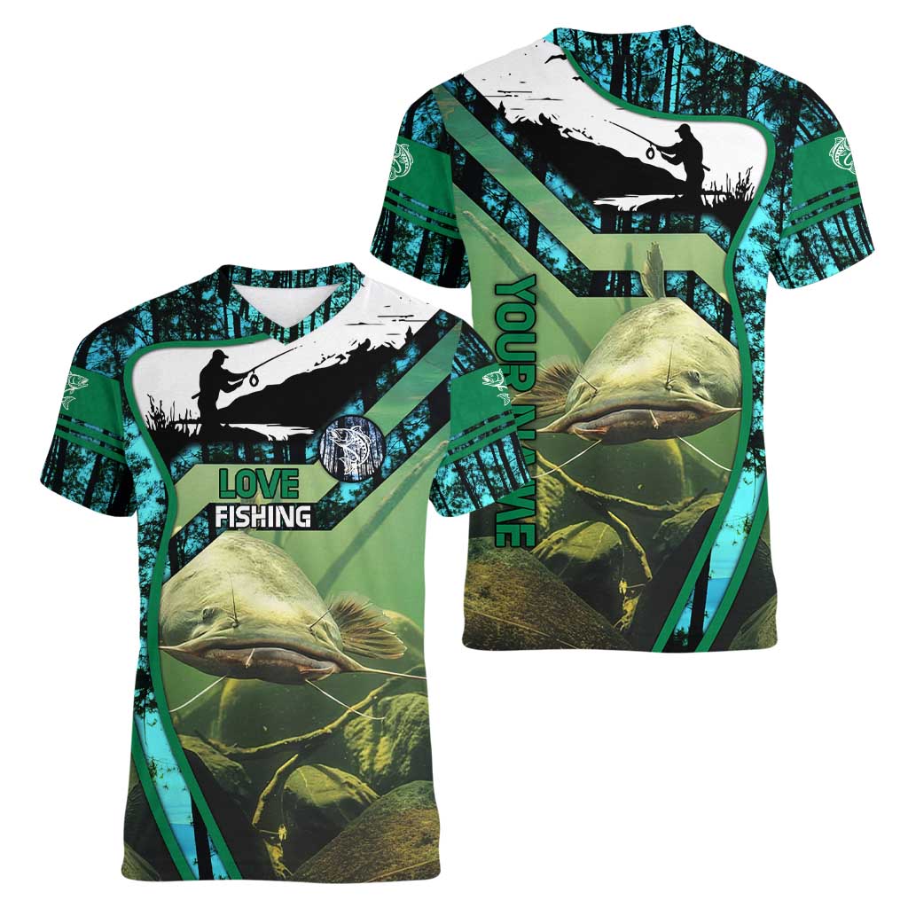 Flathead Catfish Custom Name Women V-Neck T-Shirt Forest Silhouette and Green Blue Love Fishing Design - Wonder Print Shop