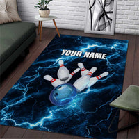 Personalized Bowling Ball Strike Graphic Area Rug Blue Lightning Storm and Electric Energy - Wonder Print Shop
