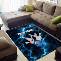 Personalized Bowling Ball Strike Graphic Area Rug Blue Lightning Storm and Electric Energy - Wonder Print Shop