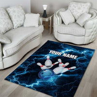 Personalized Bowling Ball Strike Graphic Area Rug Blue Lightning Storm and Electric Energy - Wonder Print Shop