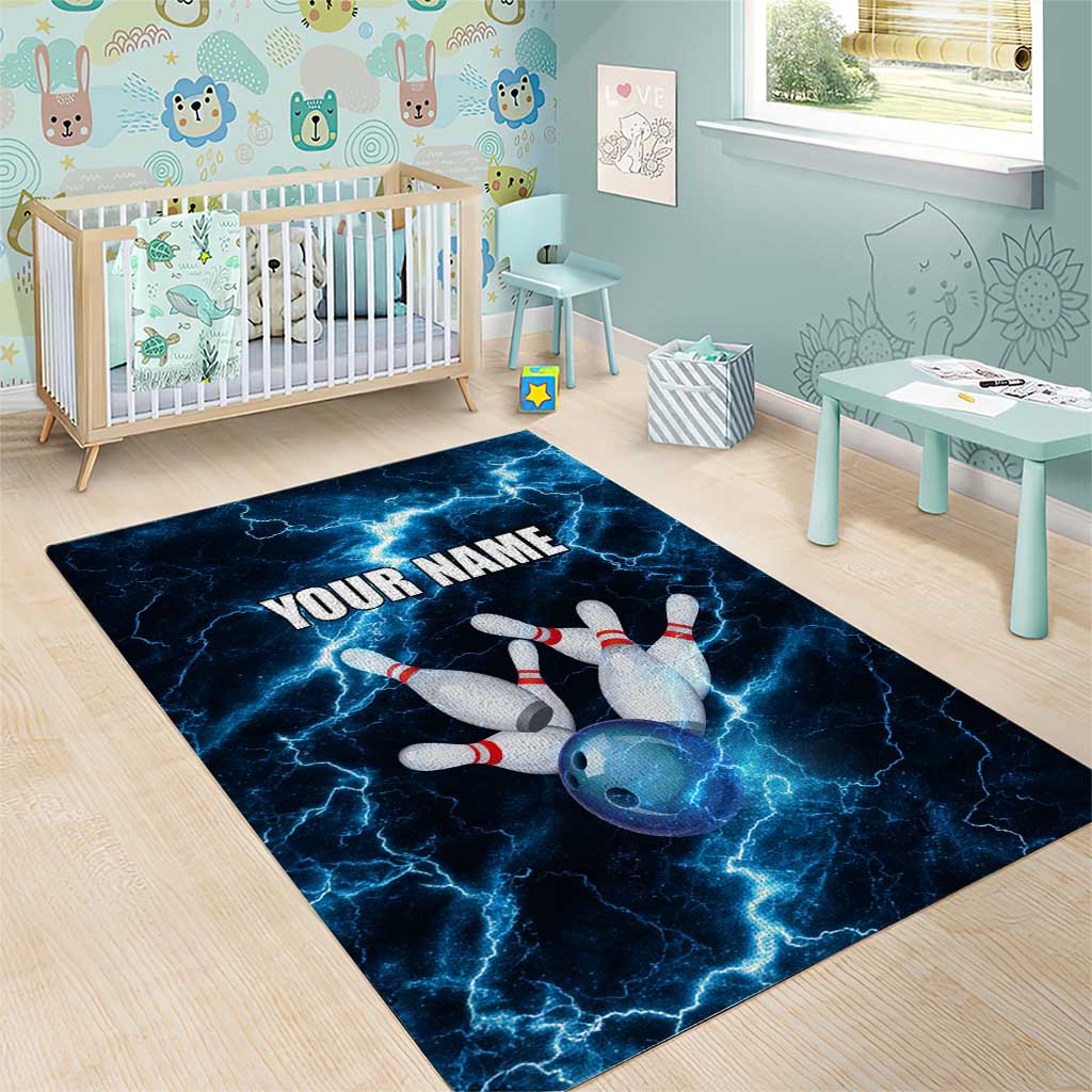 Personalized Bowling Ball Strike Graphic Area Rug Blue Lightning Storm and Electric Energy - Wonder Print Shop