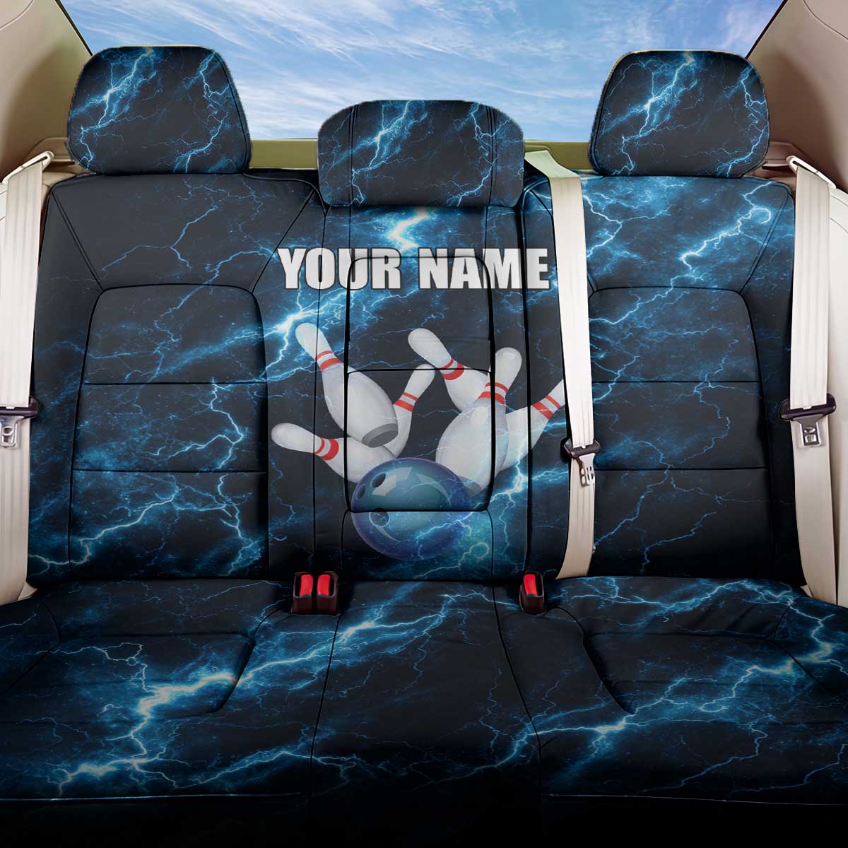Personalized Bowling Ball Strike Graphic Back Car Seat Cover Blue Lightning Storm and Electric Energy - Wonder Print Shop