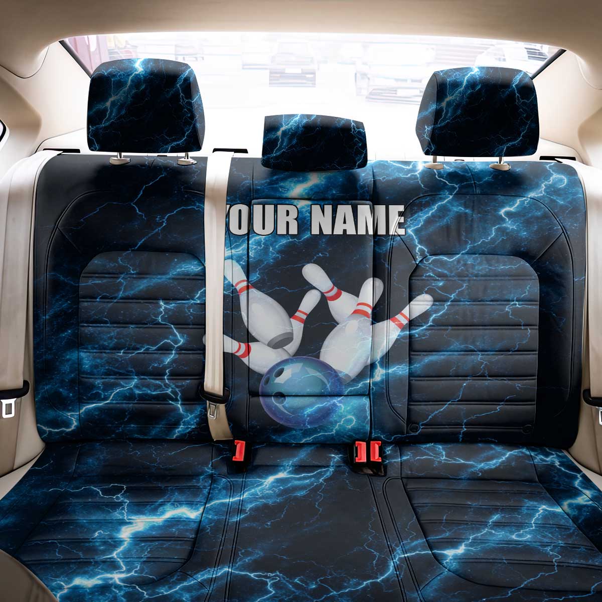 Personalized Bowling Ball Strike Graphic Back Car Seat Cover Blue Lightning Storm and Electric Energy - Wonder Print Shop