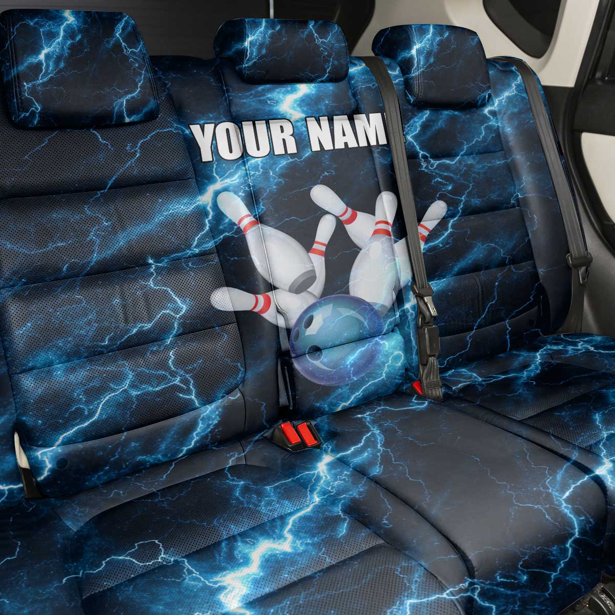 Personalized Bowling Ball Strike Graphic Back Car Seat Cover Blue Lightning Storm and Electric Energy - Wonder Print Shop