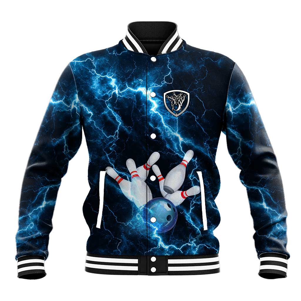Personalized Bowling Ball Strike Graphic Baseball Jacket Blue Lightning Storm and Electric Energy - Wonder Print Shop