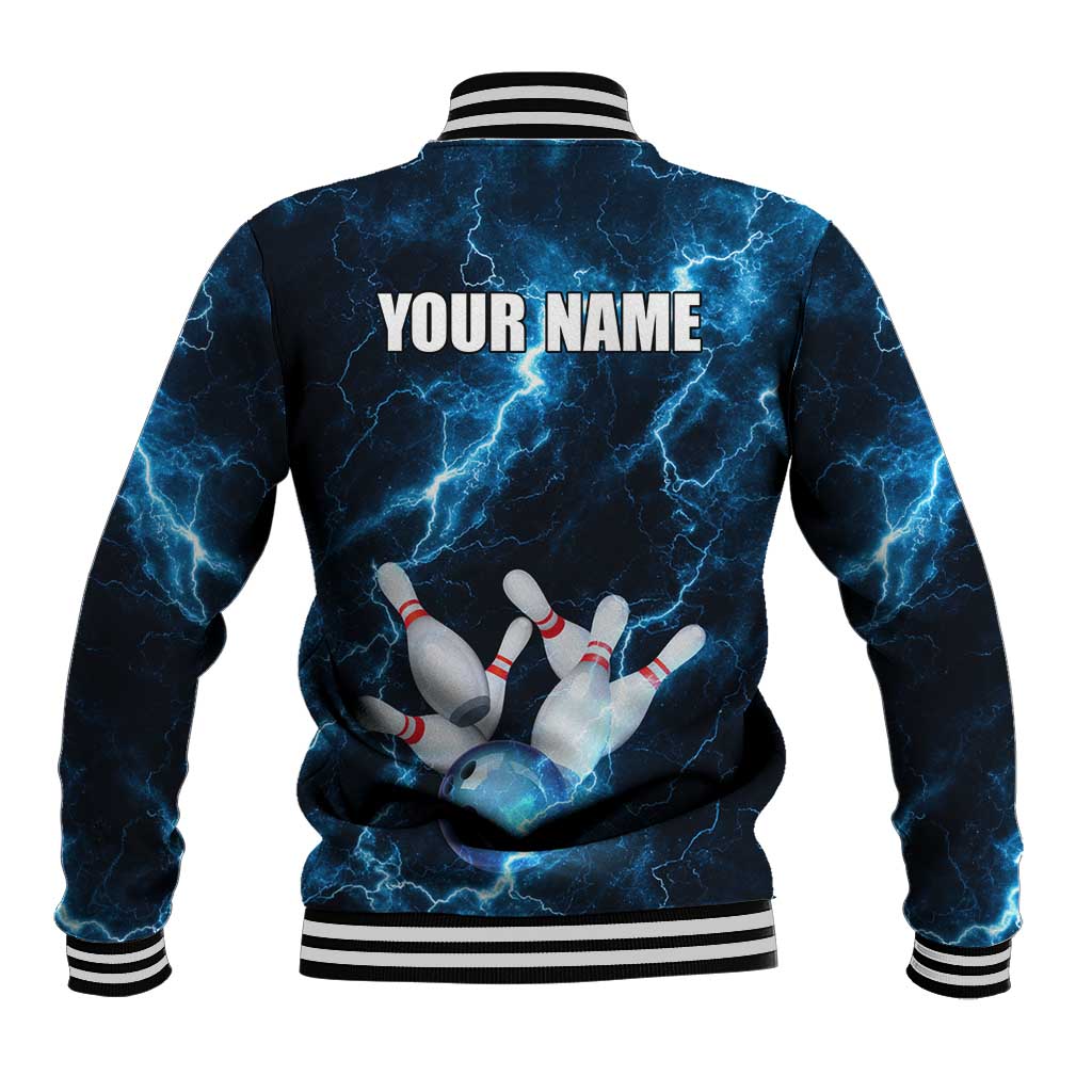 Personalized Bowling Ball Strike Graphic Baseball Jacket Blue Lightning Storm and Electric Energy - Wonder Print Shop