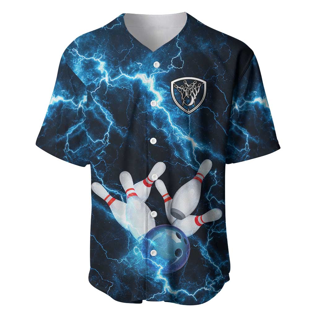 Personalized Bowling Ball Strike Graphic Baseball Jersey Blue Lightning Storm and Electric Energy - Wonder Print Shop