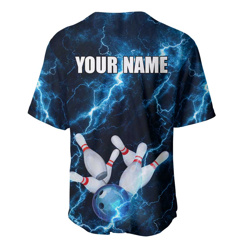 Personalized Bowling Ball Strike Graphic Baseball Jersey Blue Lightning Storm and Electric Energy - Wonder Print Shop