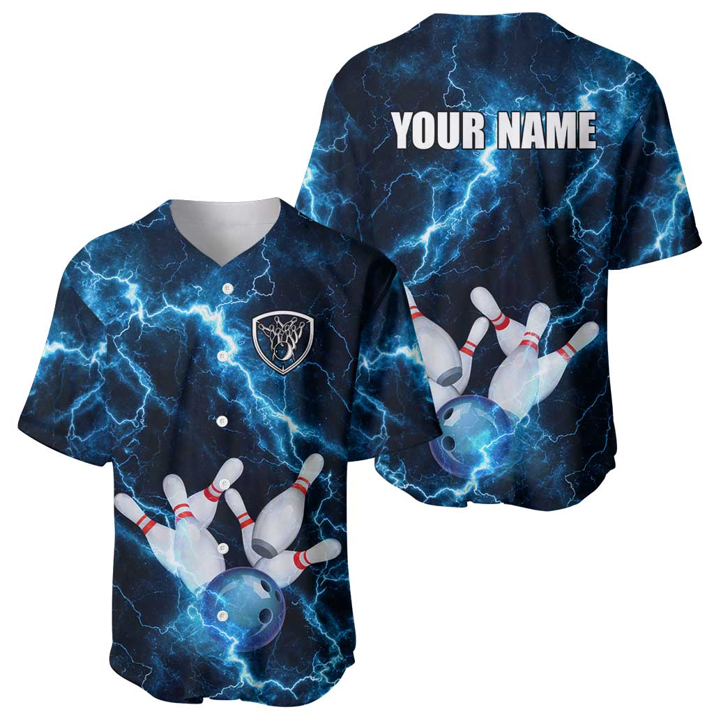 Personalized Bowling Ball Strike Graphic Baseball Jersey Blue Lightning Storm and Electric Energy - Wonder Print Shop