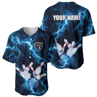 Personalized Bowling Ball Strike Graphic Baseball Jersey Blue Lightning Storm and Electric Energy - Wonder Print Shop