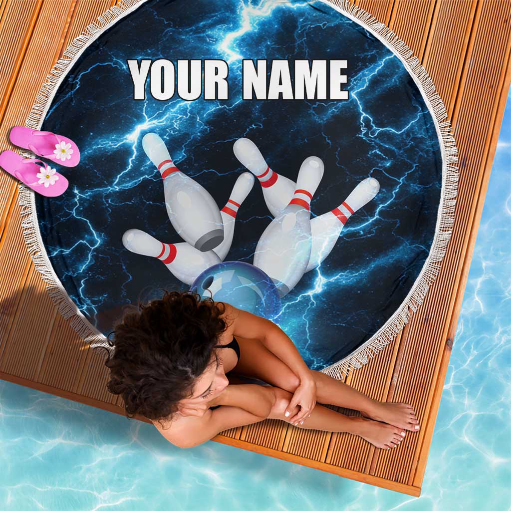 Personalized Bowling Ball Strike Graphic Beach Blanket Blue Lightning Storm and Electric Energy - Wonder Print Shop